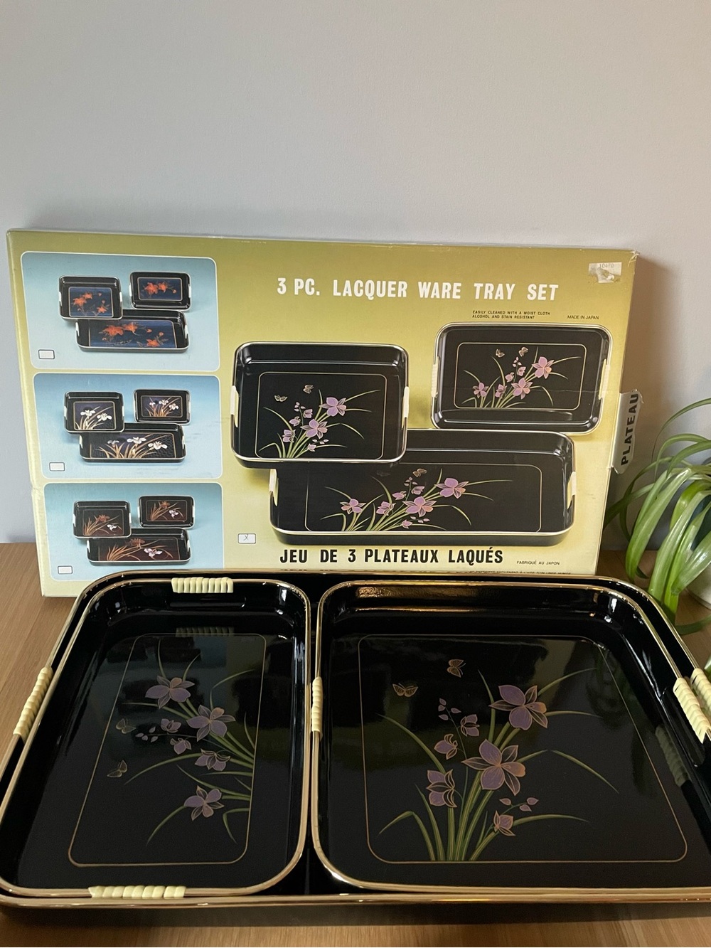 Vintage Lacquer Ware Purple Floral Serving Trays in Original Box Japan Set of 3